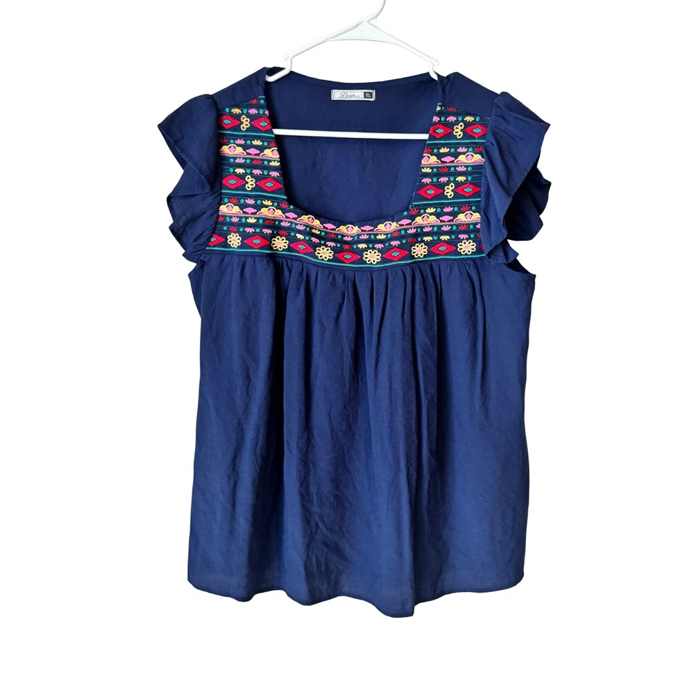 Dorose Navy Blue Boho Embroidered Ruffle Sleeve Square Neck Blouse XL